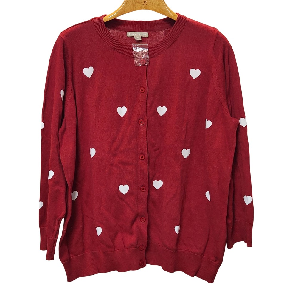Woman Within Red Heart Print Button Up Cardigan Sweater 1X Cotton Valentines Day
